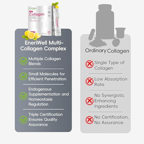 EneriWell Multi Collagen Supplements for Women, Men, 3000mg Hydrolyzed Bovine Collagen Peptides with Type 2, Biotin Vitamins C, Glow up for Skin, Hair, Nails & Joints, Halal, Liquid, Travel 30 sachets