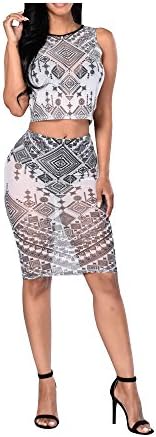 Women Sexy Mesh Bandage Print Dress Suit Slime Sleeveless Crop Top and Mini Dress
