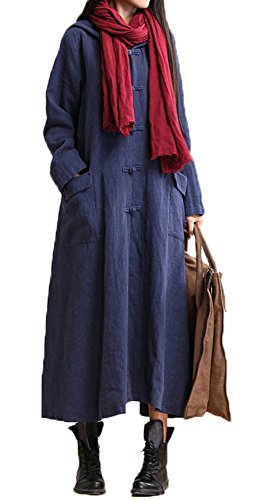 Plaid&Plain Women's Casual Linen Cotton Frog Button Hooded Long Trench Coat Dark Blue