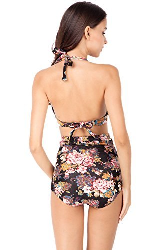 Women Swimsuits - icharmore Summer Retro Floral High Waist Padded Bra Push-up Bikini Swimwear (2XL, Black)