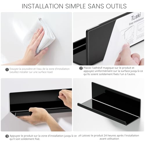 Toski Set of 2 Black Acrylic Wall Shelves No Drilling 30cm Self Adhesive Kitchen Floating Photo Wall Shelf Bathroom Adhesive