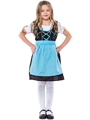 MYRISAM Girls Bavarian Oktoberfest Costumes Dirndl Dress with Apron Beer Maid Fancy Dress Carnival Halloween Costume Blue 8-9T