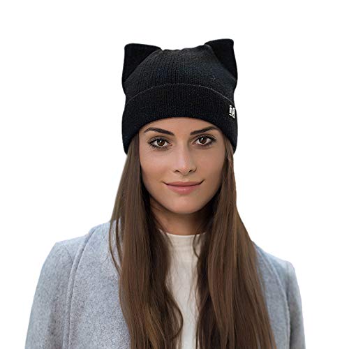 Flowomen Womens Winter Hat Cat Ear Hat with Warm Knit Crochet Slouchy Beanie Hat for Women (Black)
