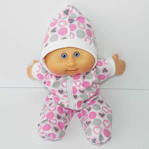 14" Cabbage Patch Girl including Preemie Doll Clothes Pink White and Grey Heart Pajamas Hooded Romper for Valentine's Day