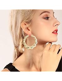 Hanpabum - Juego de collar y pendientes de aro de bambú con cadena gruesa chapados en oro y grandes huecos, para hombre y mujer, estilo punk hip hop rapper