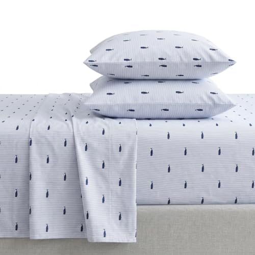Nautica Cotton Percale Bedding Set, Crisp & Cool, Lightweight & Breathable, 100%, Whale Stripe Blue/White, Twin