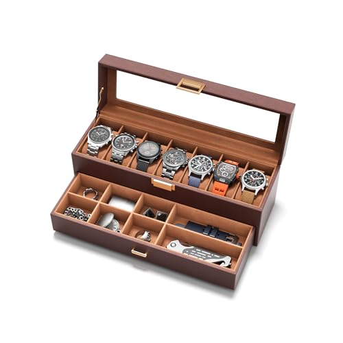 sensok Watch Case Box for Men - 7 SLots Watches Storage Organizer Real-Glass Display Case with Jewelry Drawer 2-Layer PU Leather Collection Holder Gift for Loved Ones Brown