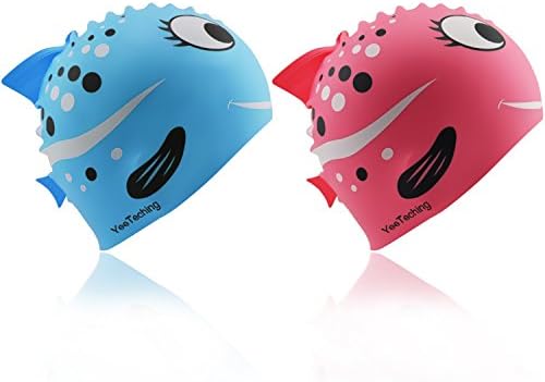 Kids Swim Caps(2-Pack), Yeeteching Fun Design Silicone Swim Cap for Boys and Girls Aged 3-12 (Shark+Minnow)