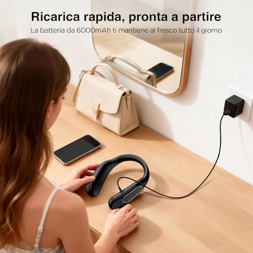 Dnenellr Bladeless Neck Fan, 6000mAh, Rechargeable 4 Speed Portable USB Neck Fan for Men/Women, Ideal for Travel, Sports, Work, Indoor and Outdoor Use (Black)