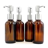 Amber Brown 4-Ounce Glass Bottles with Stainless Steel Pump Nozzles (4 Pack); Empty Boston Round Bottles Ideal for Lotion & Liquid Soap