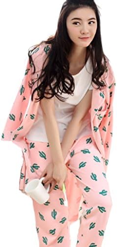 Mingxintech Couples Cotton Pajama Set With Pants Cactus Pattern Bath Robe Gown