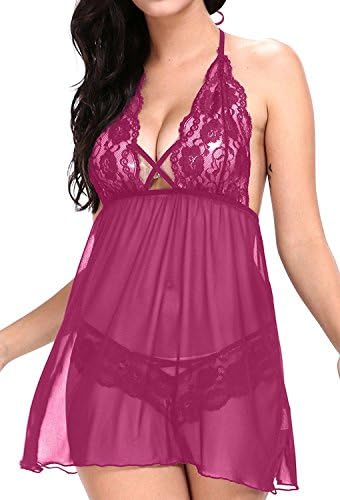 Vilania Lingerie For Women Halter Neck Dress Ravishing Lace Babydoll Chemise Nightwear Set