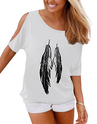Swtddy Women's Short Sleeve Off Shoulder O Neck Feather Print Shirt Casual Top Blouse (M, White)
