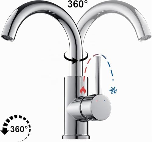 Auralum 360° Swivel Basin Tap, High Bathroom Mixer Tap, Cold and Hot Water Available, Removable Aerator, Classic Chrome, 60 cm Hose