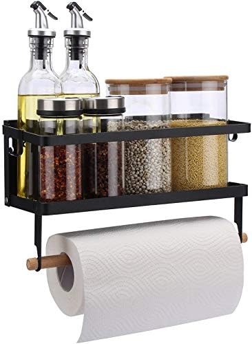 Magnetic Fridge Organizer, Paper Towel Holder, Kitchen Rack, Rustproof Spice Jars Rack, with 2 Removable Mobile Hooks (Black)