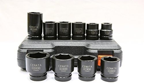 Cenata YM8077 RIGID 10-Piece 1-Inch Drive 6-Point MM CHROME-MOLY Heavy Duty Impact Socket Set features High Visibility Laser-Etched Markings, Black Phosphate Finish, Meet or Exceed ANSI Standards, Package in a durable blow-molded storage case.