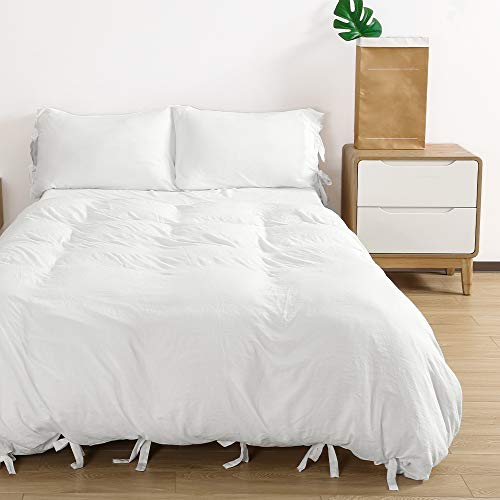 Duvet Cover Queen, 100% Washed Cotton, Linen Like Soft Breathable Durable Bedding Duvet Cover Set, 3-Pieces, Ultra Soft and Easy Care, Simple Style Home Bedding Set 2019 New（3-Piece, Queen, White） - Thumbnail 7