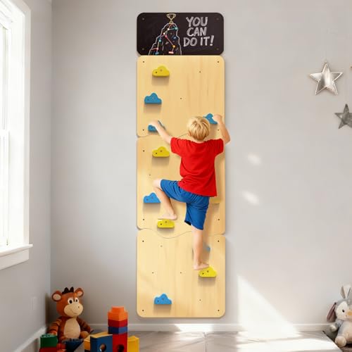 DOLEMODUO Wooden Climbing Wall, Kids Indoor Climbing Wall Panels with 12 Rock Holds, Montessori Climbing Toy for Playroom & Home Gym, Aged 3+