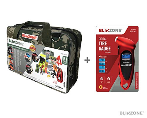 Blikzone Camo Bundled Auto Roadside Assistance Emergency Car Kit-82 Essentials Pc: Digital Pressure Gauge, Portable Air Compressor, Jumper Cables, Tire Repair Kit, Tow Strap, LED Flash Light & More