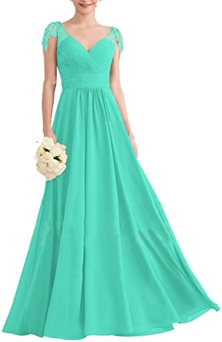 Nicefashion V Neck Beaded Cap Sleeves Chiffon Long Evening Bridesmaid Dress