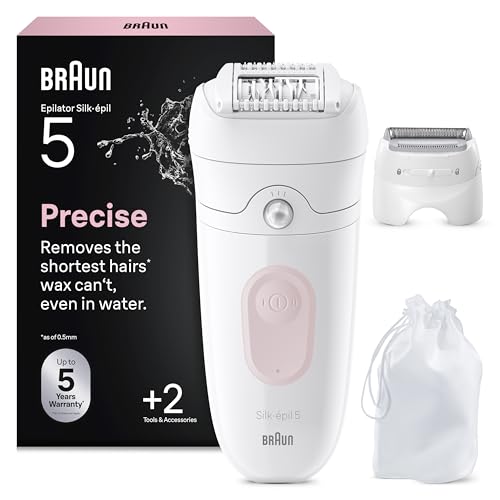 Braun Epilateur Electrique Femme Silk Epil 5, 5-030, Blanc et Rose Flamant – Etanche, sans Fil, Embout Rouleau de Massage, Coffret Epilation avec Tête de Rasage, Sabot Tondeuse