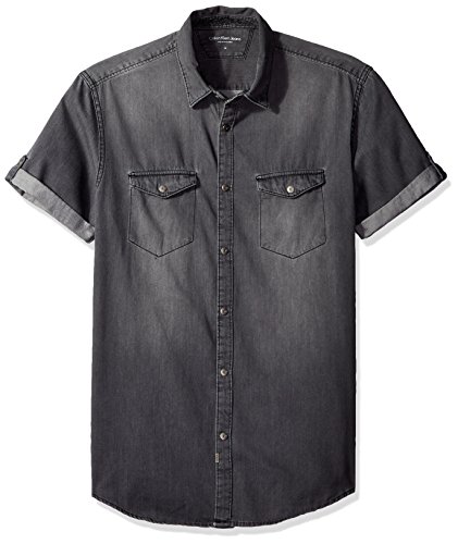 Calvin Klein Jeans Men's Short Sleeve Denim Button Down Shirt, Black Rinse, Medium