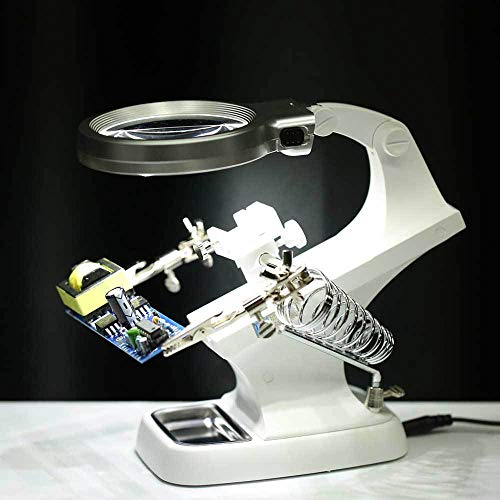 vmree Multifunctional Desktop LED Helping Hand Magnifying Soldering Iron Stand Lens Bench Magnifier Clamp Tool Kit Repair Station Welding and Assembling Precision Instrument (White)