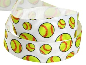 HipGirl Brand Printed Grosgrain Ribbon, 5 -Yard 7/8-Inch Softball, Yellow, Perfect for Team Hair Bows, Cheer Leader Pony Streamers, Scrapbook and More
