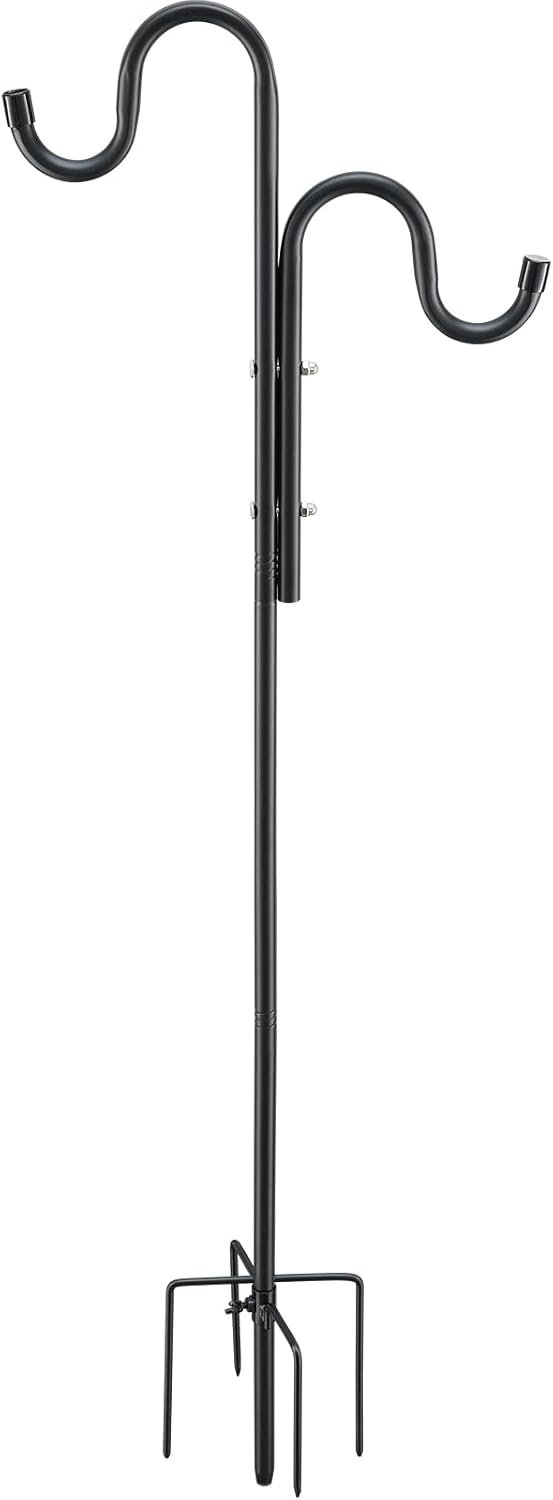Outdoor Shepherd's Hooks - Black Double Shepherds Hook - 94 Inch Adjustable Bird Feeder Pole with 5 Prongs Base - Heavy Duty Rustproof Shepards Hooks for Outdoor Hummingbird Feeder Stand, Solar Lights, Lanterns, Flower Basket