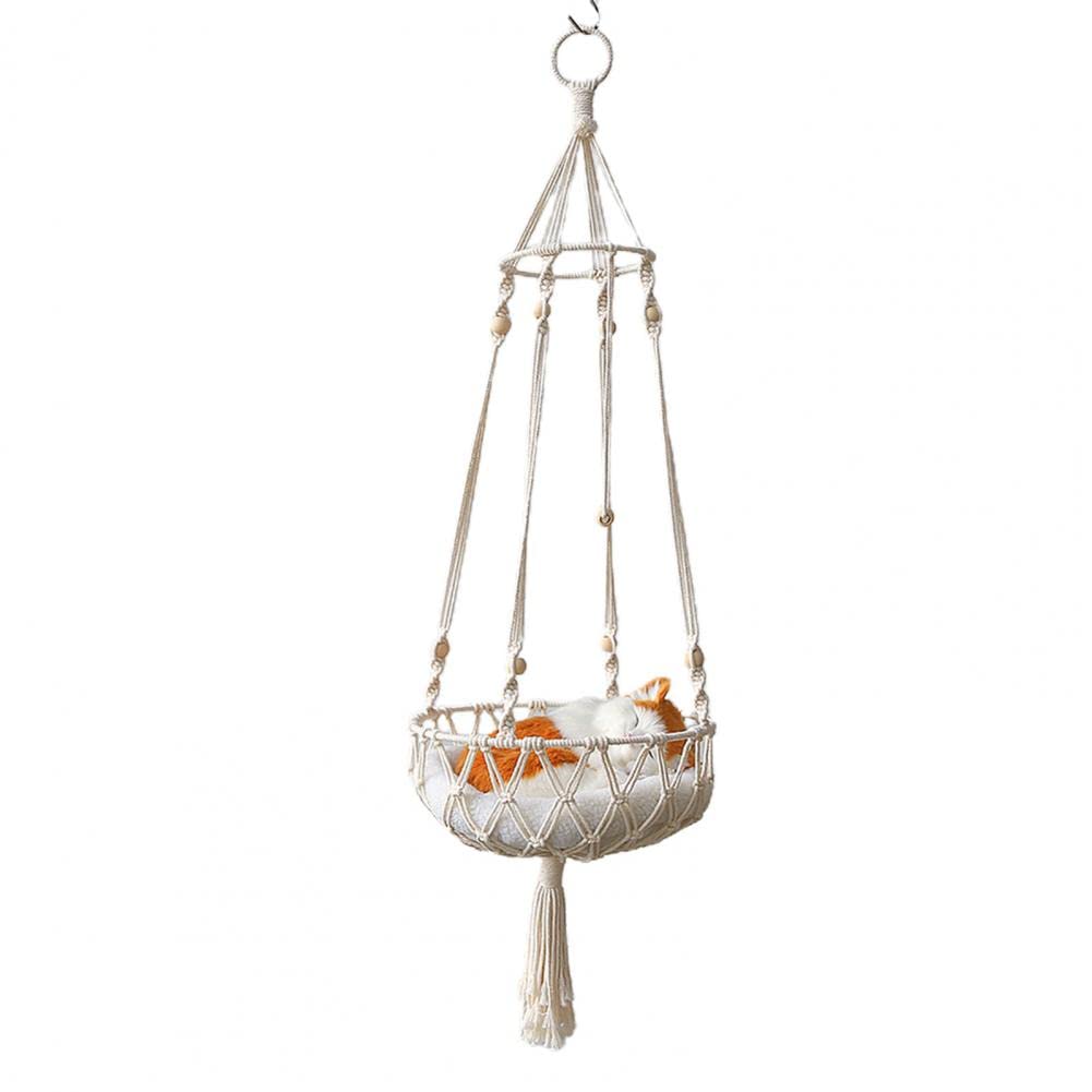 Tiardey Tassel Macrame Hanging Cat Hammock Hand-Woven Cat Basket Bed Swing for Indoor Window