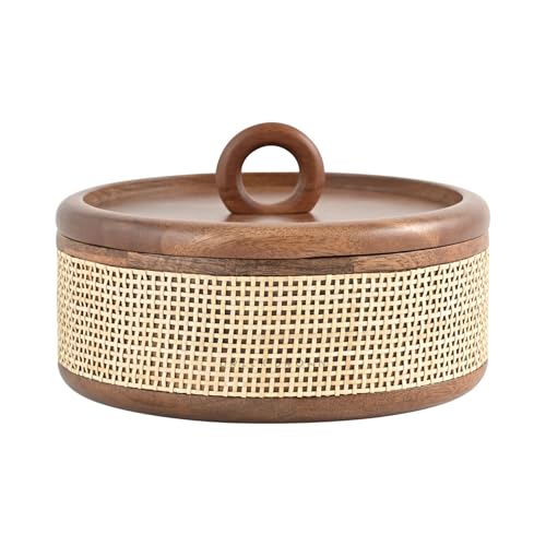 Brick Brown® Tresso Wooden Roti Box With Cane Weave | Chapati For Kitchen Casserole Hot Pot Lid Case Dabba Server Dining Table Handmade Container (8X8X5 In)
