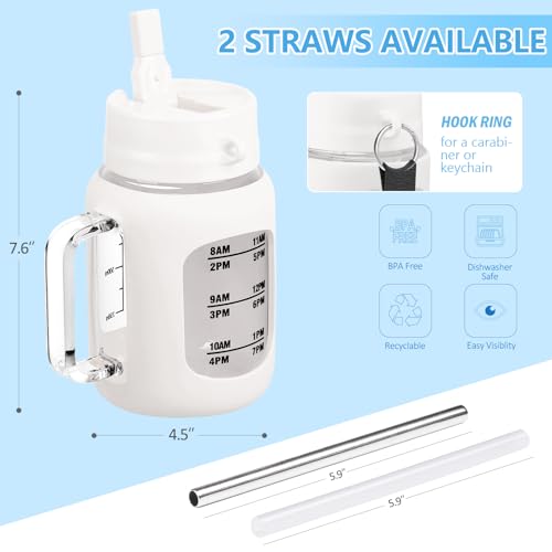 NOLOGLAZIC 32 OZ GLASS WATER BOTTLE WITH HANDLE, 100% LEAK PROOF GLASS TUMBLER WITH BUILT-IN STRAW LID, REUSABLE 900ML WATER CUP TIME MARKER BPA FREE – WHITE
