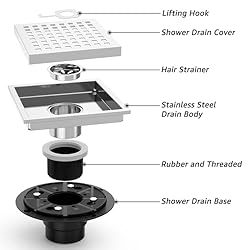 Iriber 6 Inch Square Shower Floor Drain with PVC