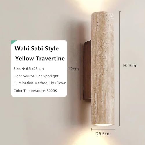Lampara de Pared de Travertino Amarillo Natural, Estilo Japonés Wabi Sabi, Lamparas de Pared Interior de Diseño Minimalista, lampara de muro para Pasillo, Recámara o Baño, 3000K