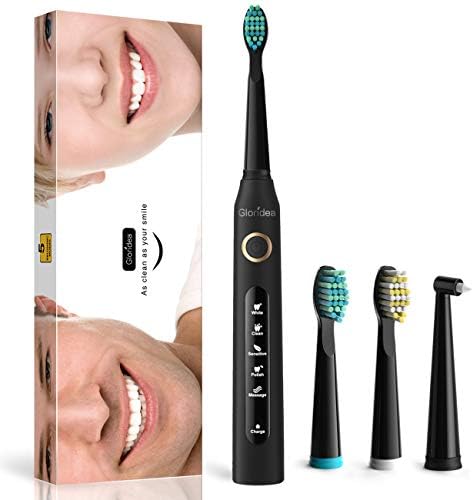 Electric Toothbrush Rechargeable Sonic Toothbrush with 5 Cleaning Modes and 3 Brush Heads, IPX7 Waterproof, USB Charging 30 Days Battery Life and 2 Minutes Timer, Model 507 Black by Gloridea