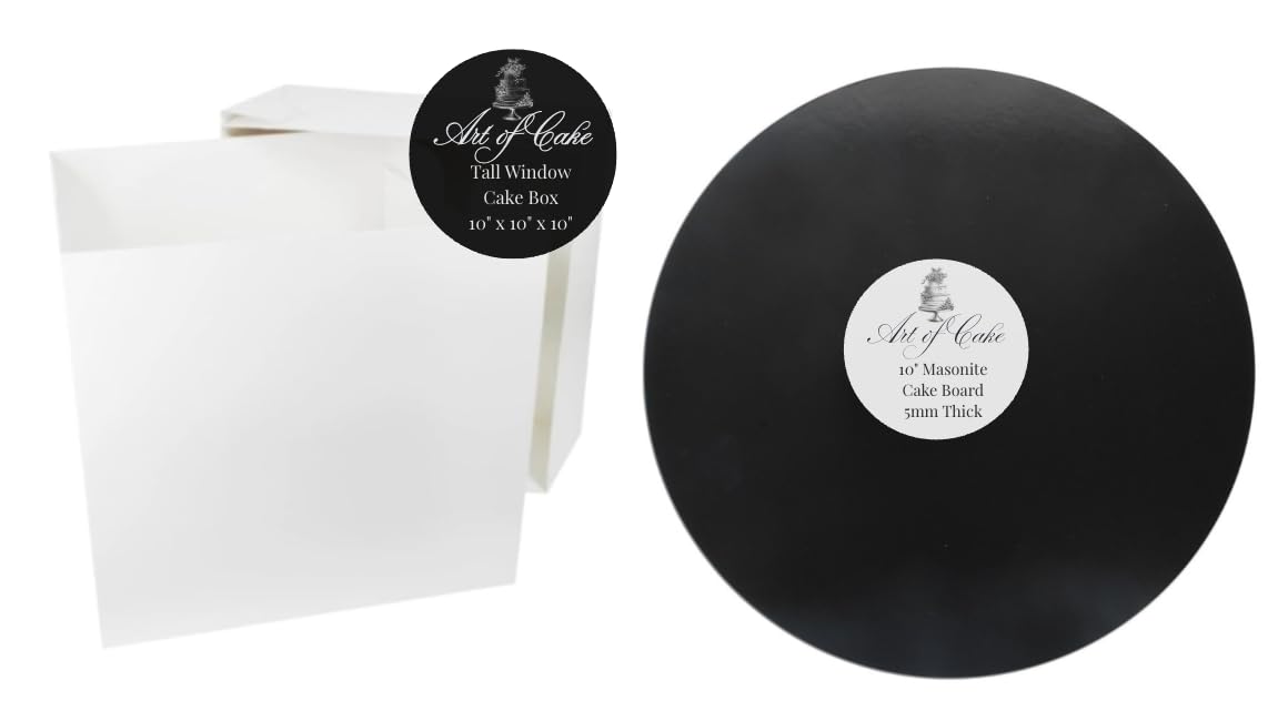 Art of cake® 10 inch Black Drum Board and 10"x10"x10" inch Tall Cake Box Round cake Board and white transporting Box Sets