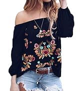 ZXZY Women Embroidered Off Shoulder Long Sleeve Bohemian Floral Blouse Top Tshirt