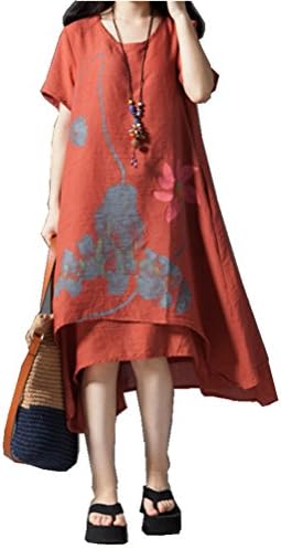 FENIKUSU Women's Casual Summer Floral Long Knee Length Loose Dress (Orange)