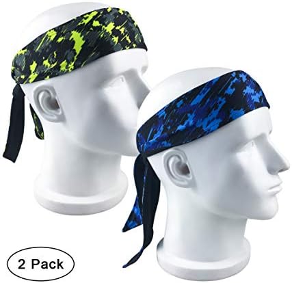 NINGDER Long Tail Printed Head Tie,Custom Fit Sports Headband,Moisture Wicking Head Wrap Sweatband for Running,Crossfit,Basketball,Workout,Bike Helmet Friendly (2-Pack/1-Green & 1-Blue)