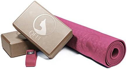 QELL Yoga Starter Kit - Durable Yoga Mat With Carry Strap, 2 Eco-Friendly Balance Blocks And Extension Strap – Set Of A Nonslip, Comfortable Exercise Mat And Workout Gear For Men And Women, Raspberry