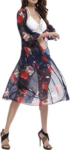 Aoqueen Fashion Womens Floral Printed Long Hem Chiffon Kimono Swimsuit Cover Ups Blue One Size