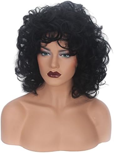 FLYGOU Synthetic Wigs for Black Women 14” Short Curly Black Wig Fluffy Wavy American Afro Hair Wigs