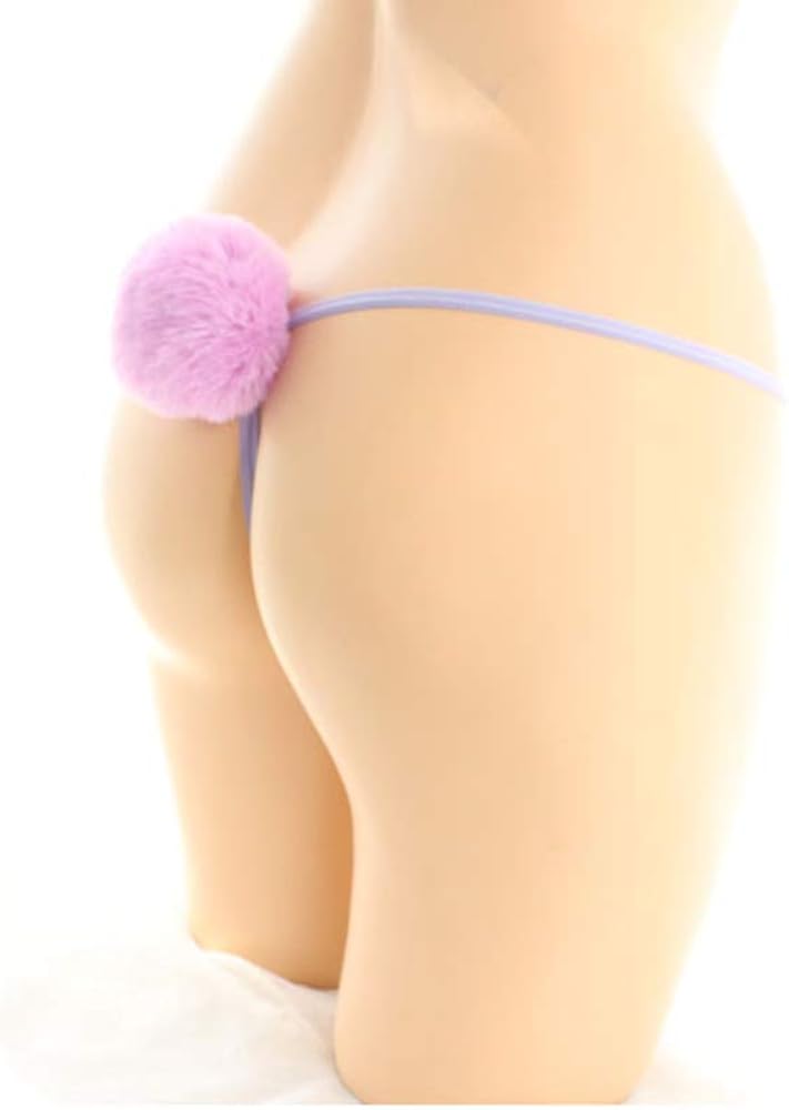 TOMORI Womens Sexy Thong Pantie Cute Rabbit Tail G-String Fur Ball Bikini T-Back Cosplay Underwear, Purple (Mesh), One Size: Clothing