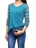 Allegra K Women's Striped Long Raglan Sleeves V Neck Tee Shirt XL Blue