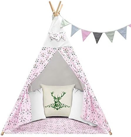Jadlisea Teepee Tent for Kids, Indoor Outdoor Childrens Play Tent with Banner & Floor Mat & Carry Case, Cotton Canvas Tipi Wigwam, Foldable Indian Style Playhouse for Girls and Boys (Pink)