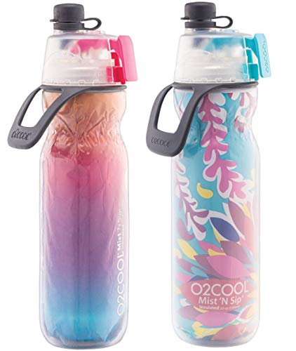 O2COOL Mist 'N Sip Misting Wasserflasche, 2-in-1, Nebel- und Schluckfunktion, mit Zugschnabel (Raspberry Ombre/Tropical) – 2 Stück
