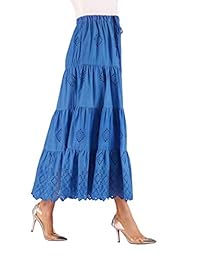 Love Welove Moda dama Verano Algodón Sólido Bordado Con vuelo Flare A-line Longitud del tobillo con forro Falda larga