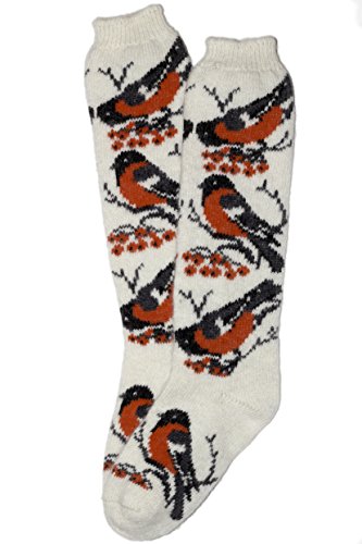 Bird design handmade socks 100% lambswool (white, knee length med…