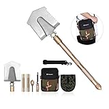 Powerextra Multifunctional Outdoor Shovel, All in One Military Shovel, Foldable and Portable, with Bag for Hiking, Walking, Camping, Gardening (Champagne)
