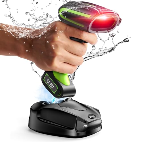 Eyoyo 2D QR Industrial Barcode Scanner with Wireless Charging Stand, Rugged Heavy Duty & IP65 Waterproof 3-in-1 Bluetooth & Wireless & USB Hands-Free Barcode Reader for Laptop Desktop Tablet Android